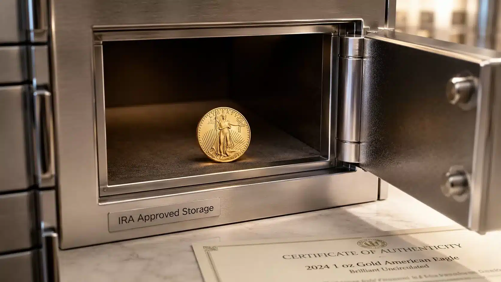 A 2024 1 oz gold American Eagle coin stored inside a secure IRA-approved metal safety deposit box.
