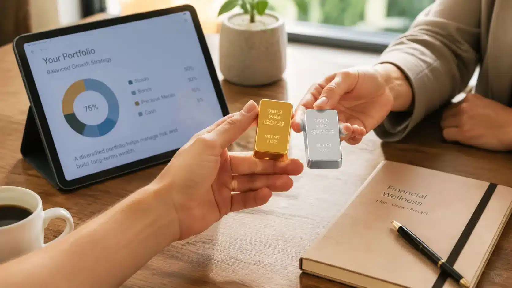 A professional financial advisor holding gold and silver bars next to a tablet showing portfolio investment charts.