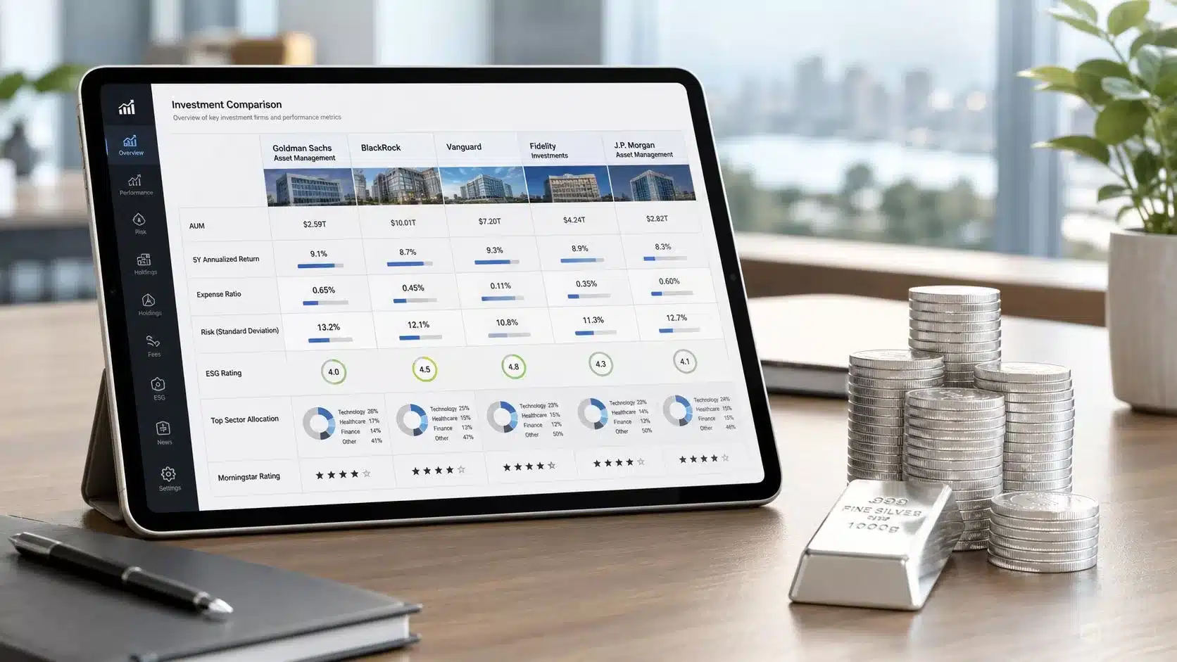 A digital tablet displaying an investment comparison dashboard next to a stack of silver coins and bars.