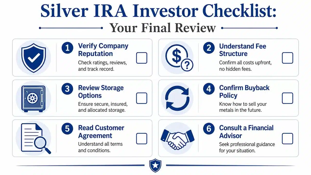 A six-point infographic checklist for investors to review before choosing a silver IRA company.