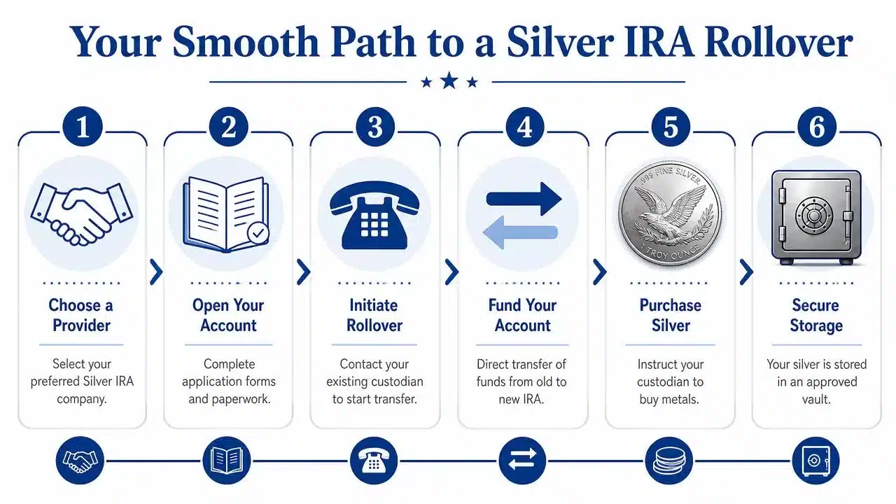 An infographic showing the six step process for a silver IRA rollover from choosing a provider to storage.