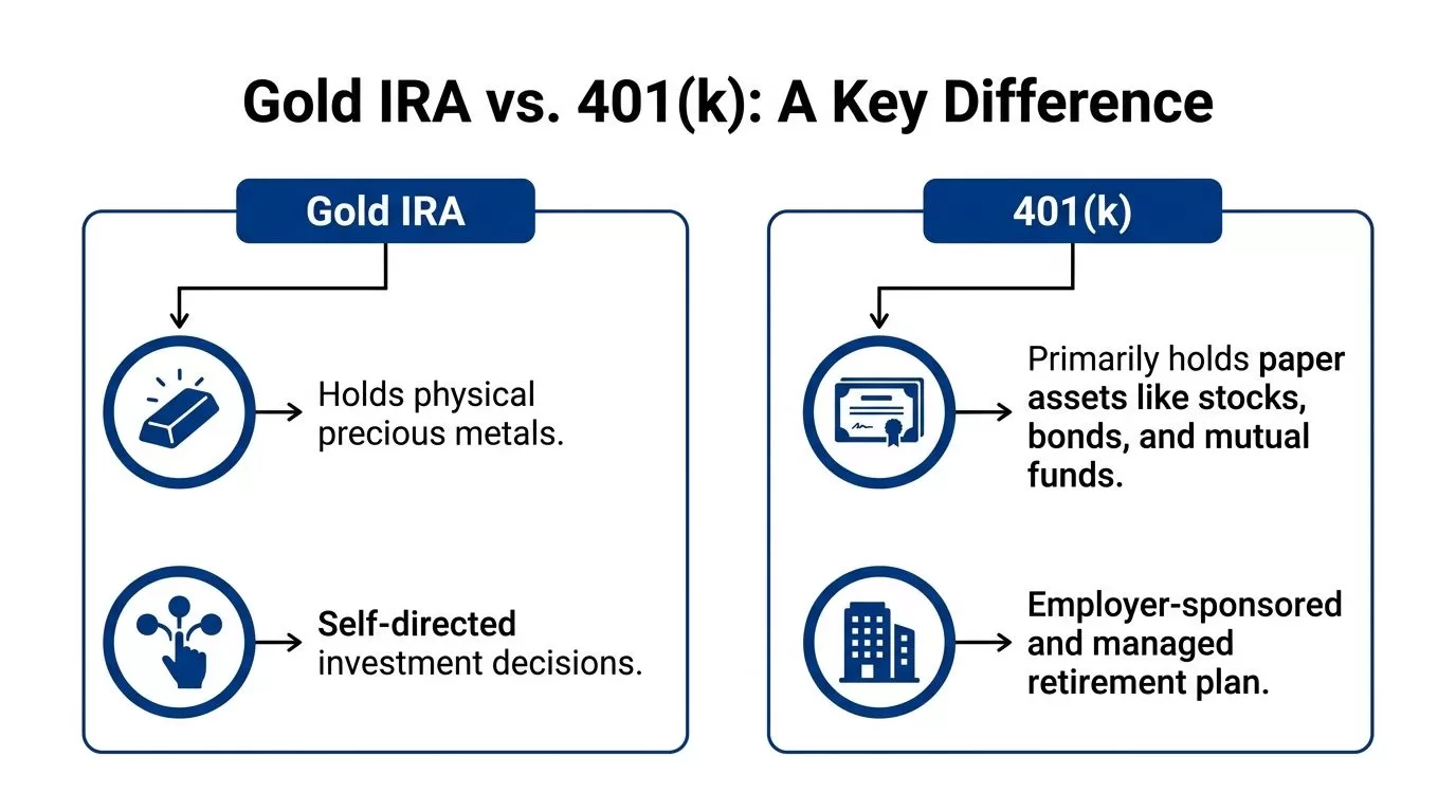 A comparison chart outlining the key differences between a Gold IRA and a standard 401(k) retirement plan.