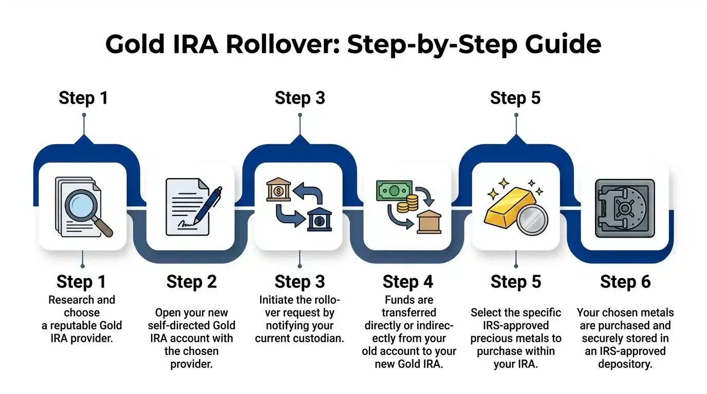 A six-step infographic guide detailing the process for completing a Gold IRA rollover for retirement investing.