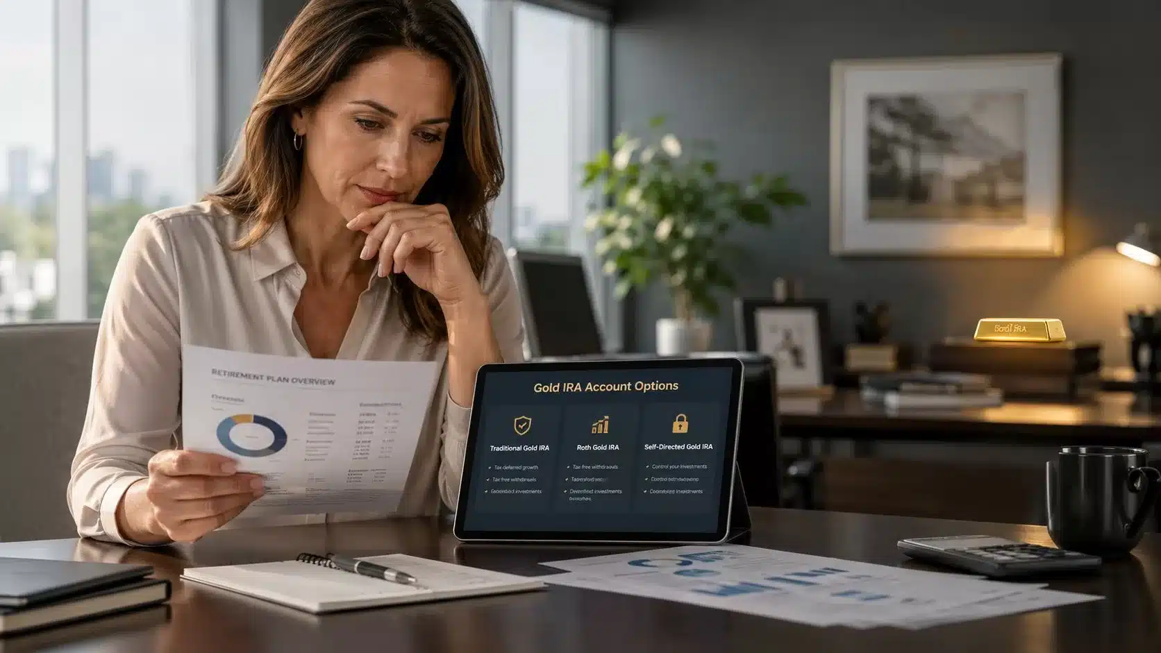 A woman reviews retirement financial documents and gold IRA options on her tablet in a home office.