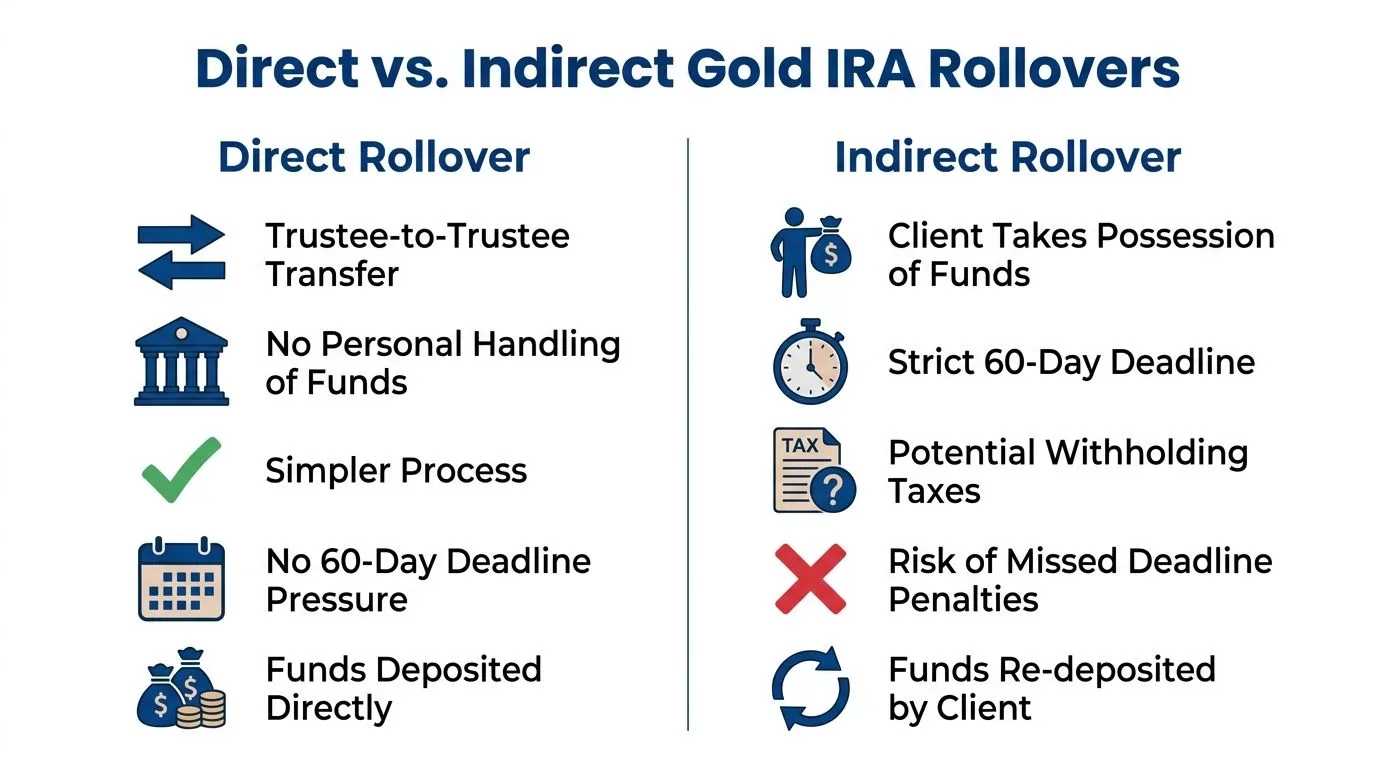 A comparison chart outlining the key differences between direct and indirect Gold IRA rollover processes.