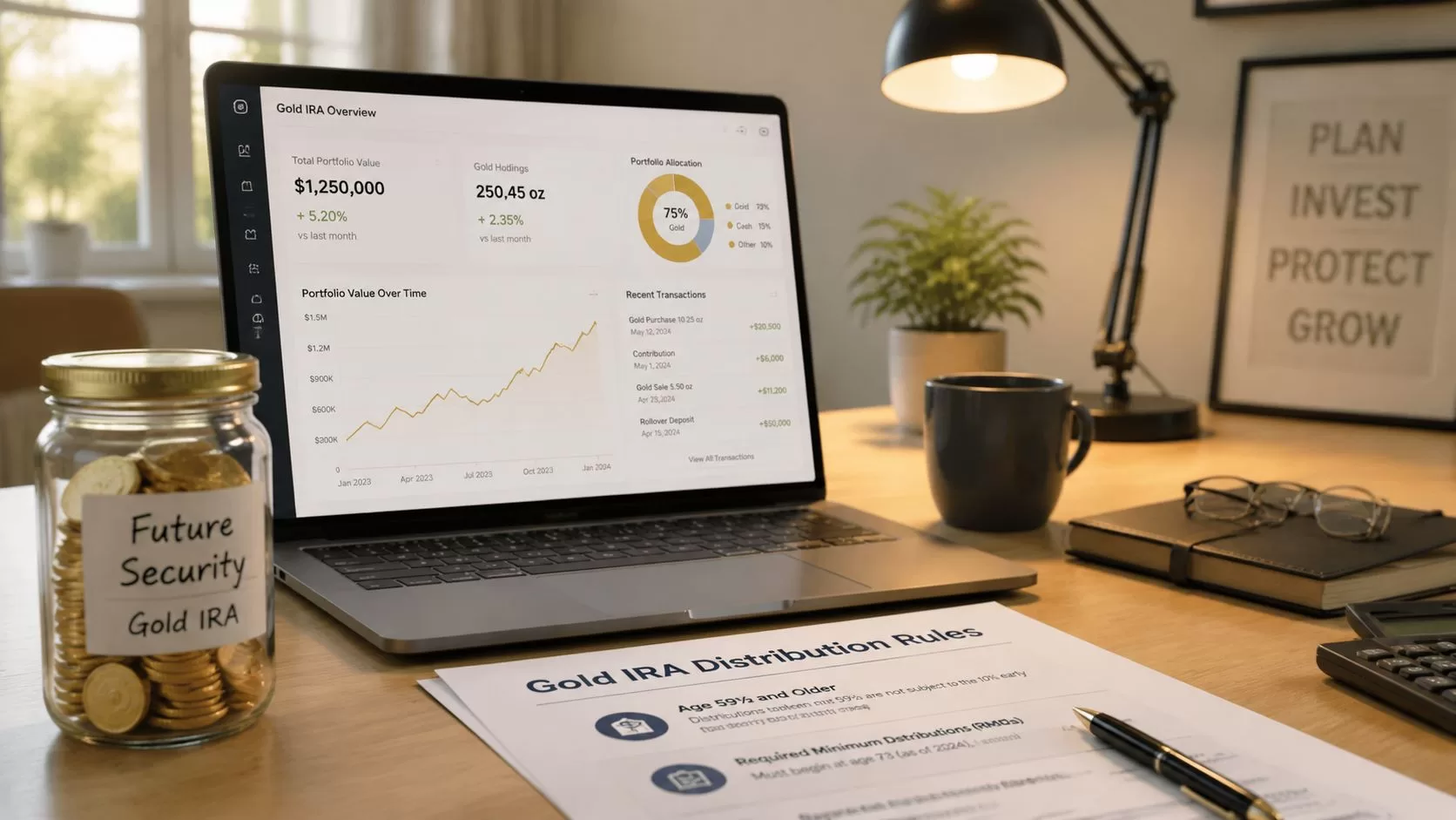 A workspace featuring a laptop displaying a Gold IRA portfolio dashboard next to tax information documents.