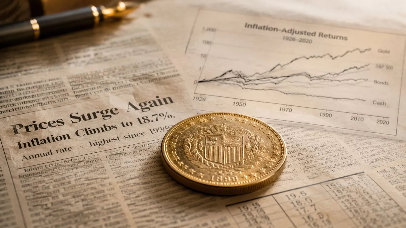 A vintage gold coin resting on a newspaper discussing high inflation rates with financial charts nearby.