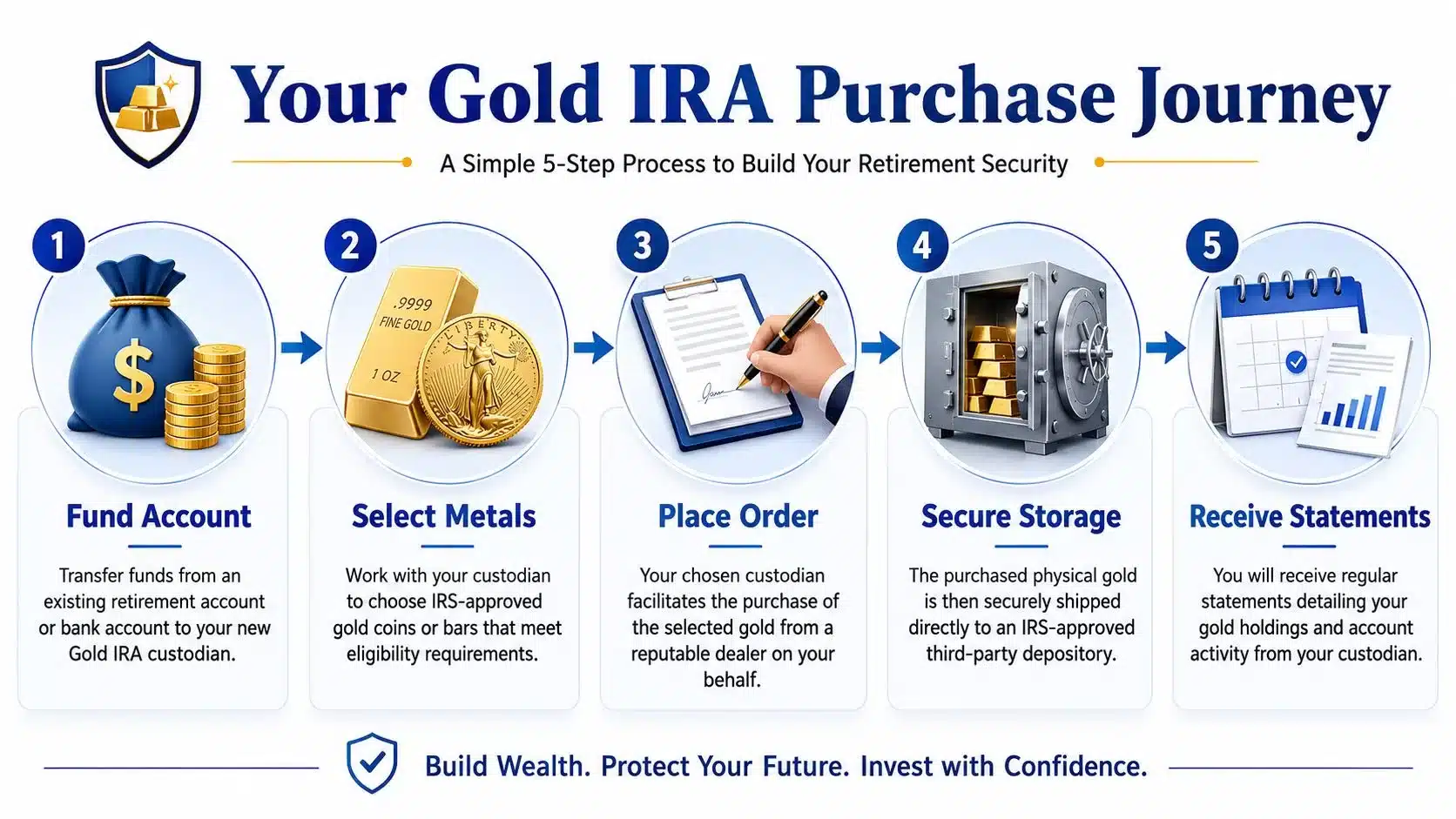 A five-step infographic showing the process of purchasing and storing gold within an individual retirement account.