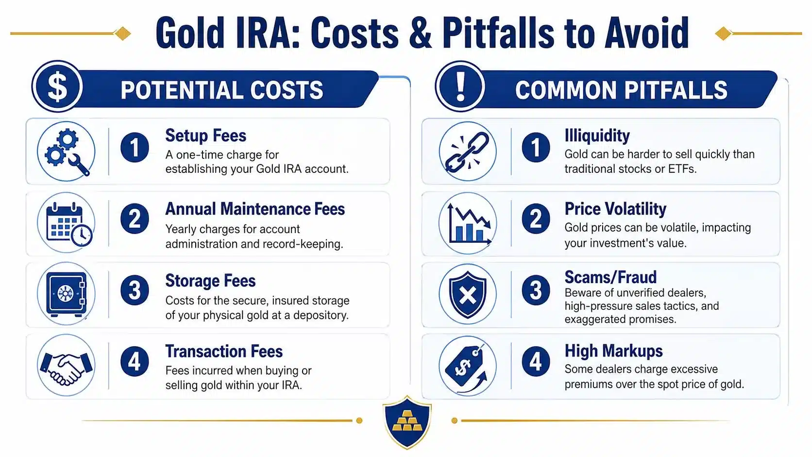 An infographic detailing potential costs and common pitfalls associated with investing in a Gold IRA account.