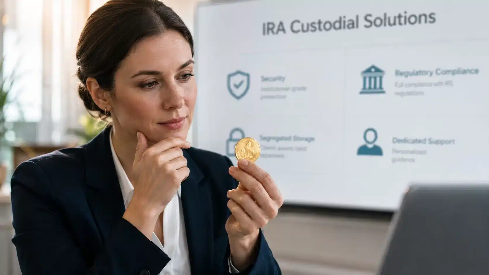 A professional woman holding a gold coin while consulting on IRA custodial solutions in an office.