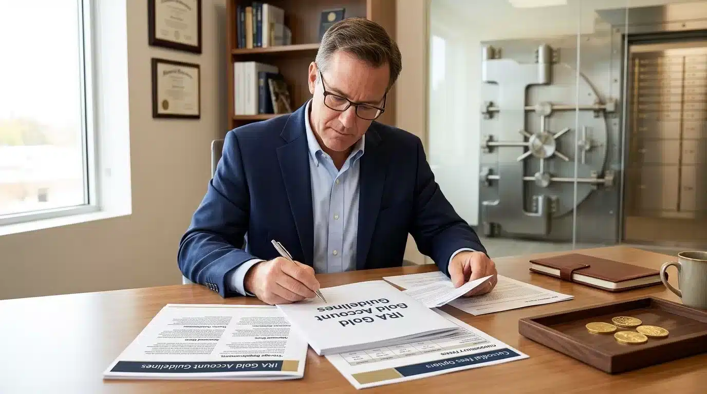 A professional financial advisor sitting at a desk reviewing IRA gold account documentation in an office setting.