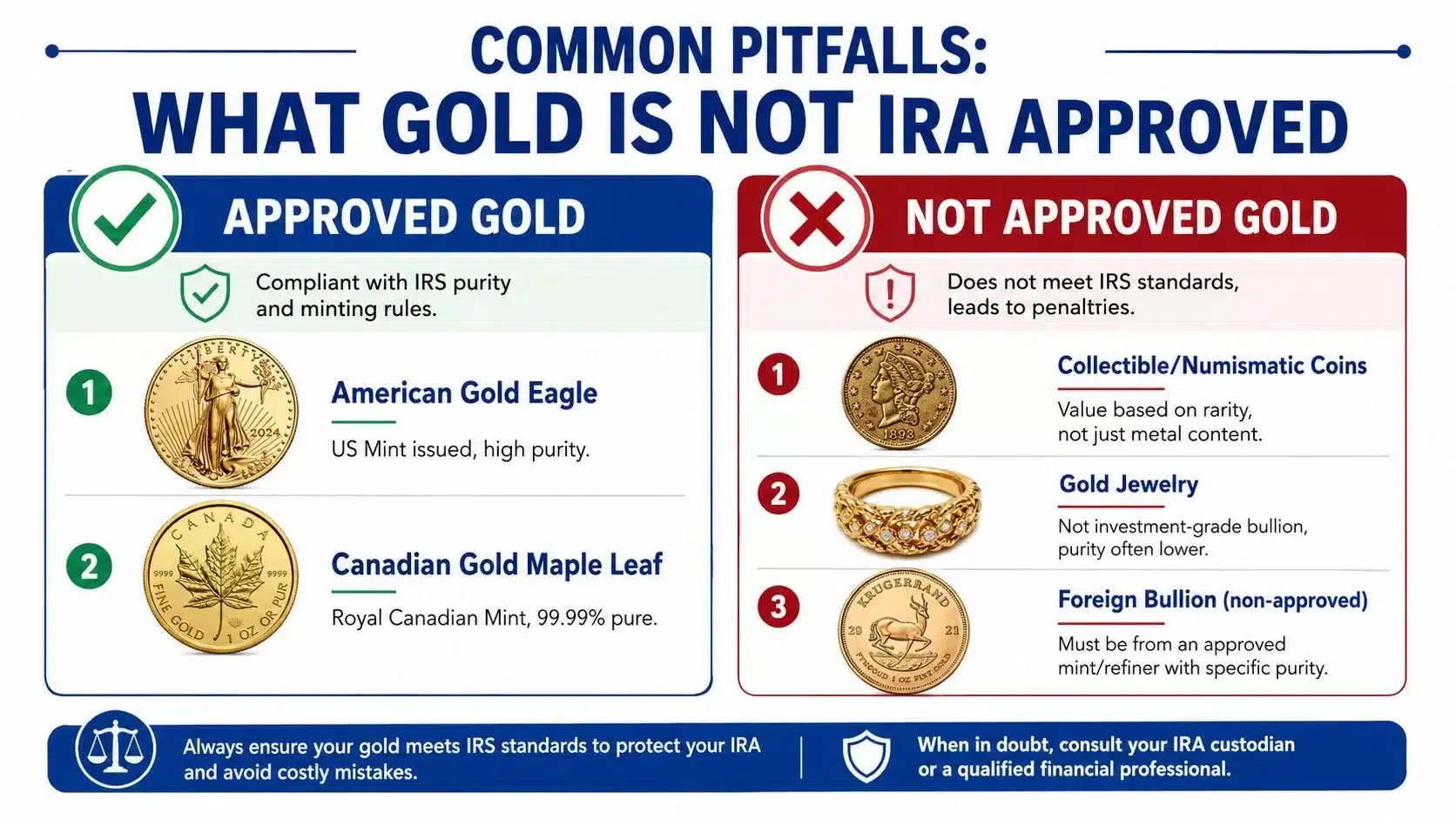 An infographic detailing which types of gold coins and items are approved or not approved for IRS gold IRAs.