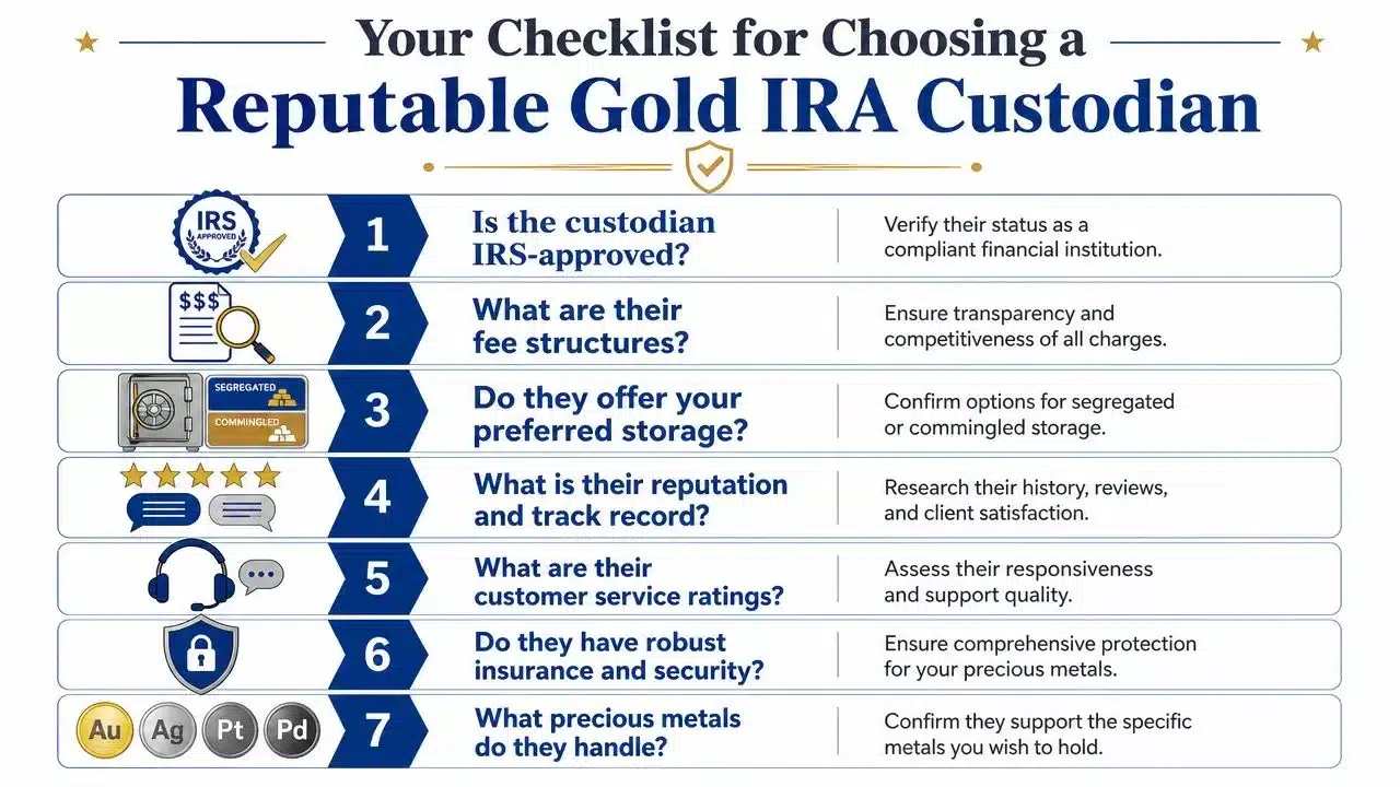 A seven-step checklist infographic for choosing a reputable gold IRA custodian for retirement planning.