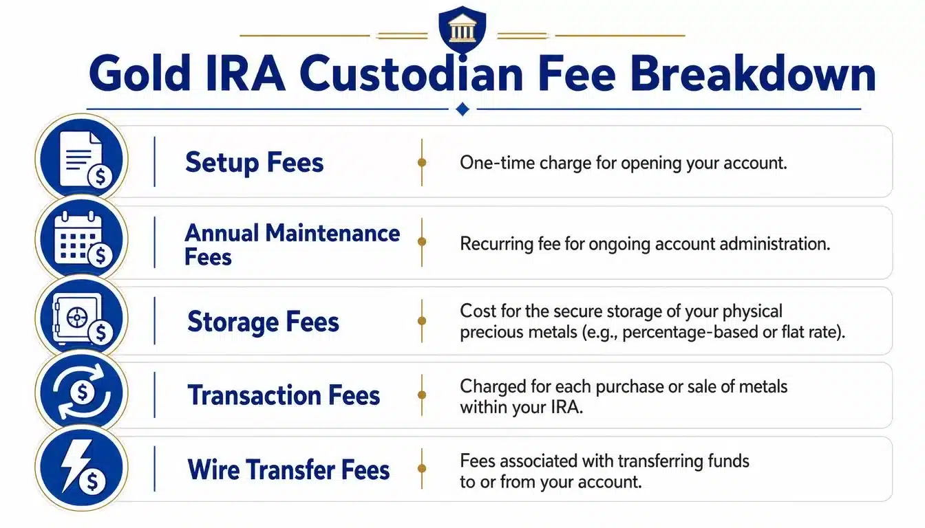 A visual breakdown of standard Gold IRA custodian fees including setup, maintenance, storage, transaction, and wire fees.
