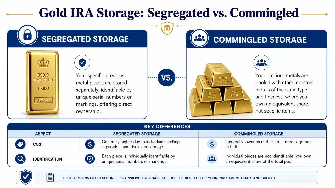 A comparison chart explaining the differences between segregated and commingled gold IRA storage options for precious metals investors.