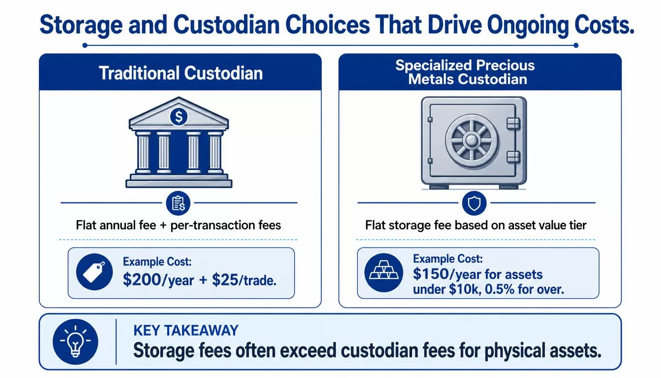 A comparison chart showing fee structures for traditional custodians versus specialized precious metals custodians for IRA assets.
