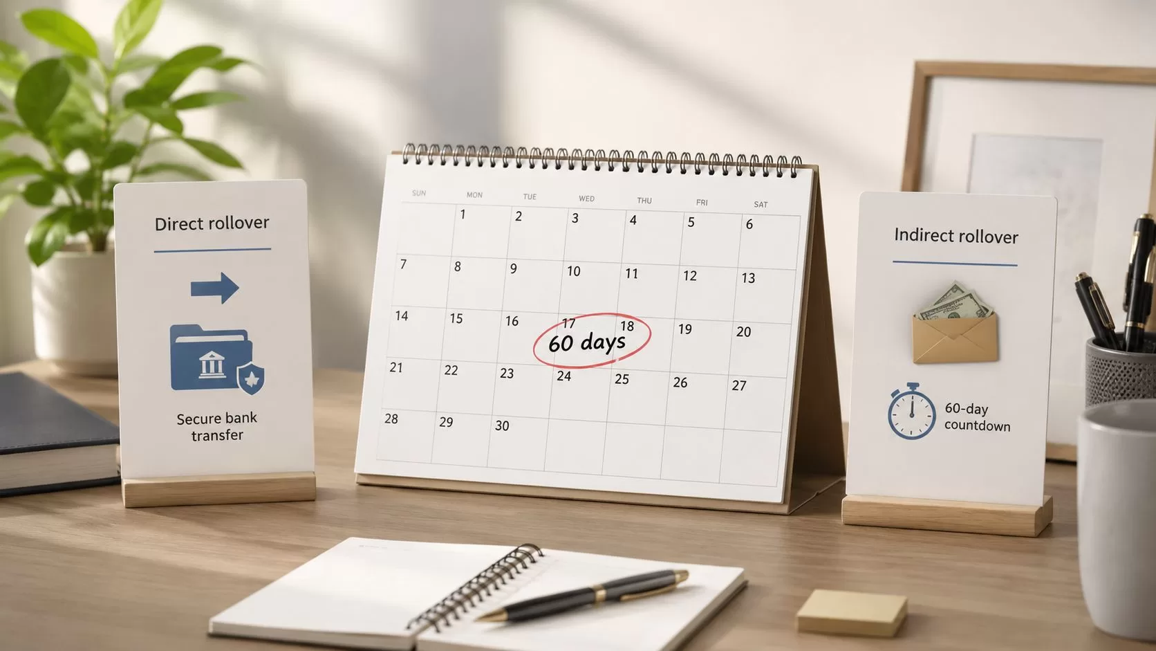 A desktop display showing a calendar with a 60-day deadline alongside direct and indirect rollover concepts.