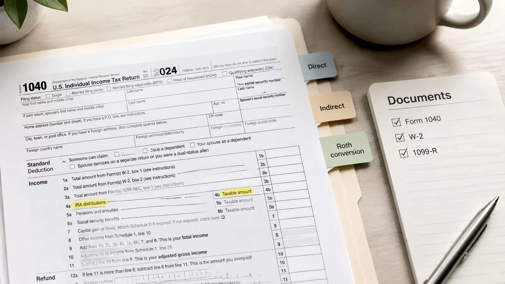 A 2024 U.S. Individual Income Tax Return Form 1040 document with tax-related tabs and a checklist of documents.