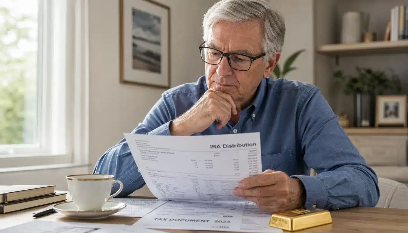 An elderly man sitting at a table thoughtfully reviewing his IRA distribution tax documents.