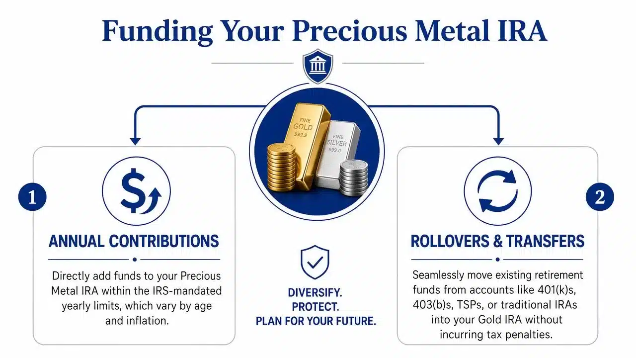 An infographic illustrating two methods to fund a precious metal IRA through annual contributions or retirement rollovers.