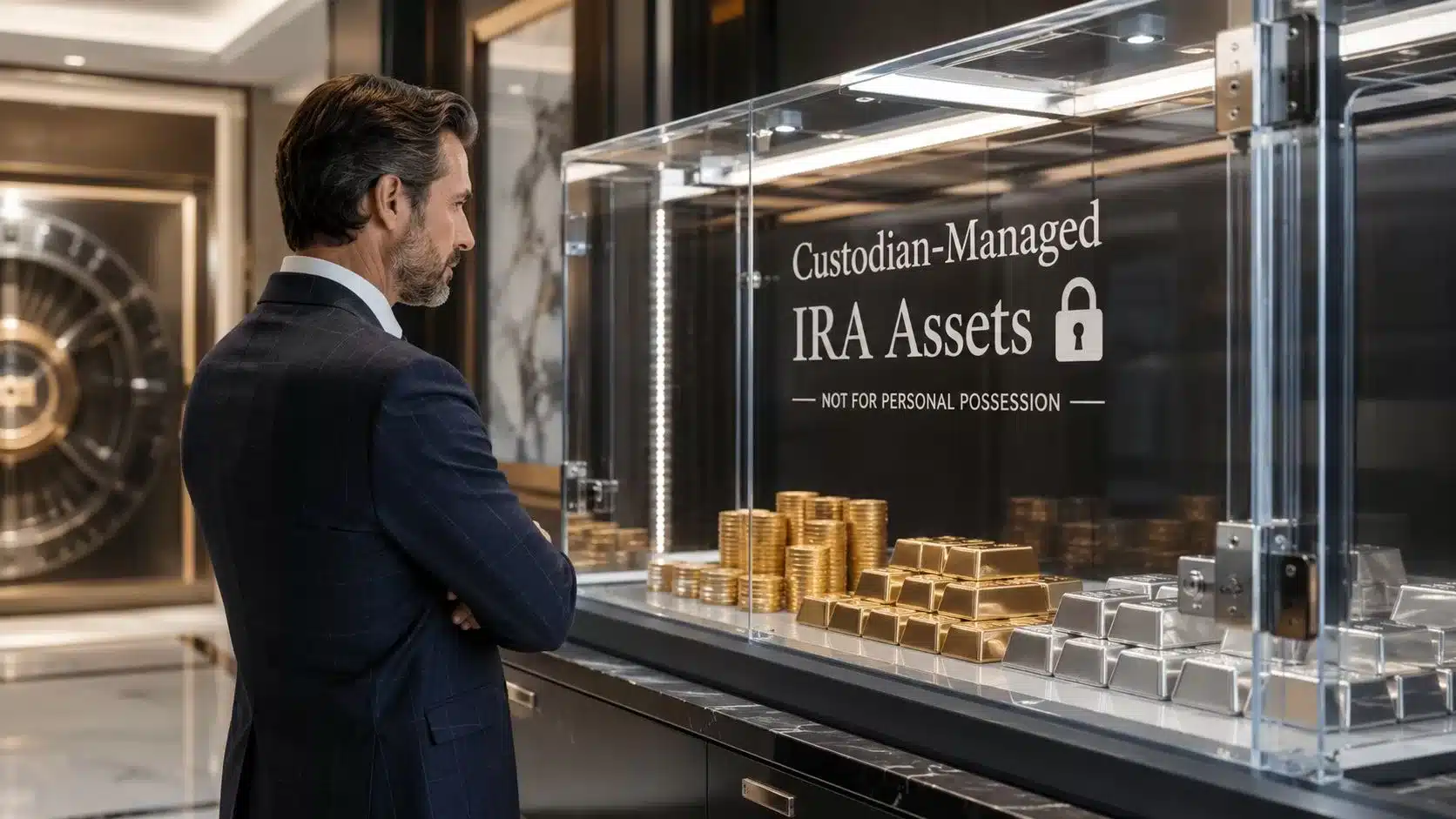 A professional man in a suit looks at a glass display case containing gold and silver bars.