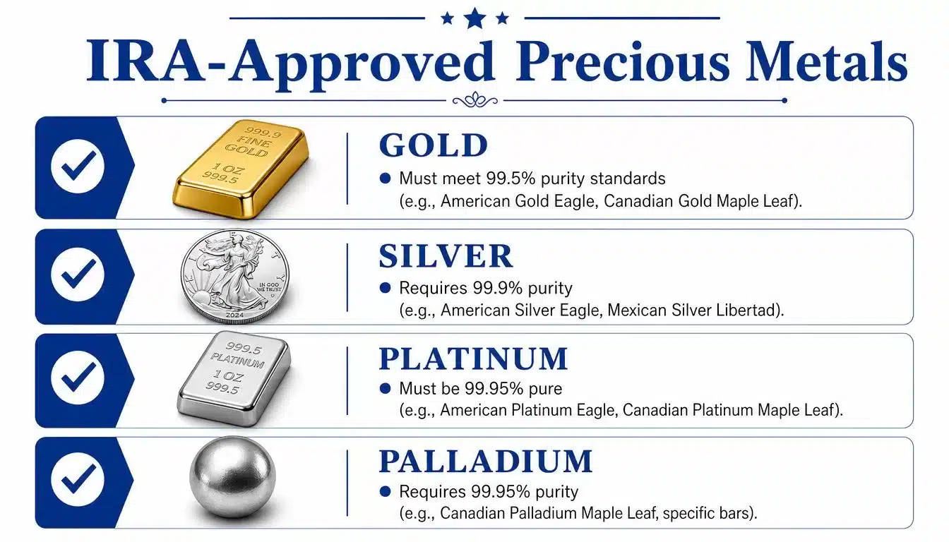 A visual guide listing IRA-approved precious metals including gold, silver, platinum, and palladium with their purity standards.