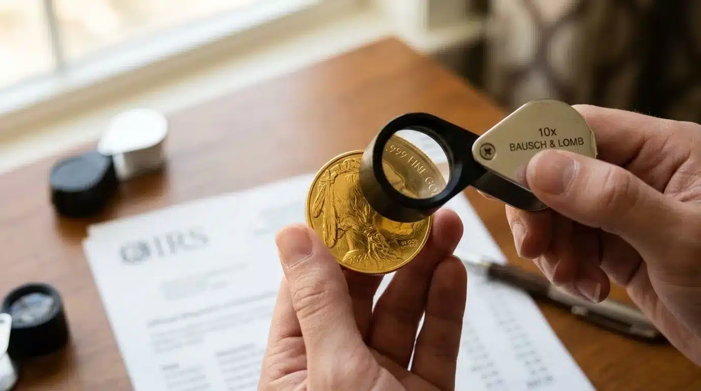 A person using a Bausch & Lomb jeweler's loupe to inspect a 2024 gold buffalo coin over IRS paperwork.