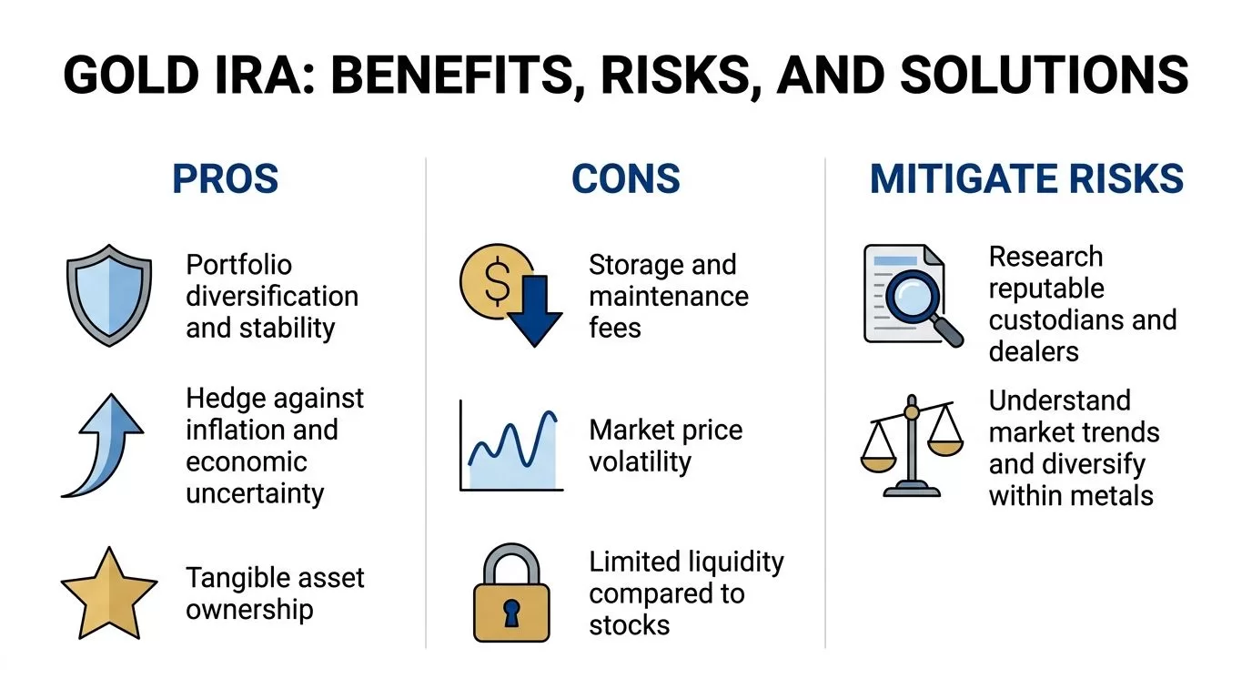 An infographic titled Gold IRA: Benefits, Risks, and Solutions showing pros, cons, and mitigation strategies for investors.