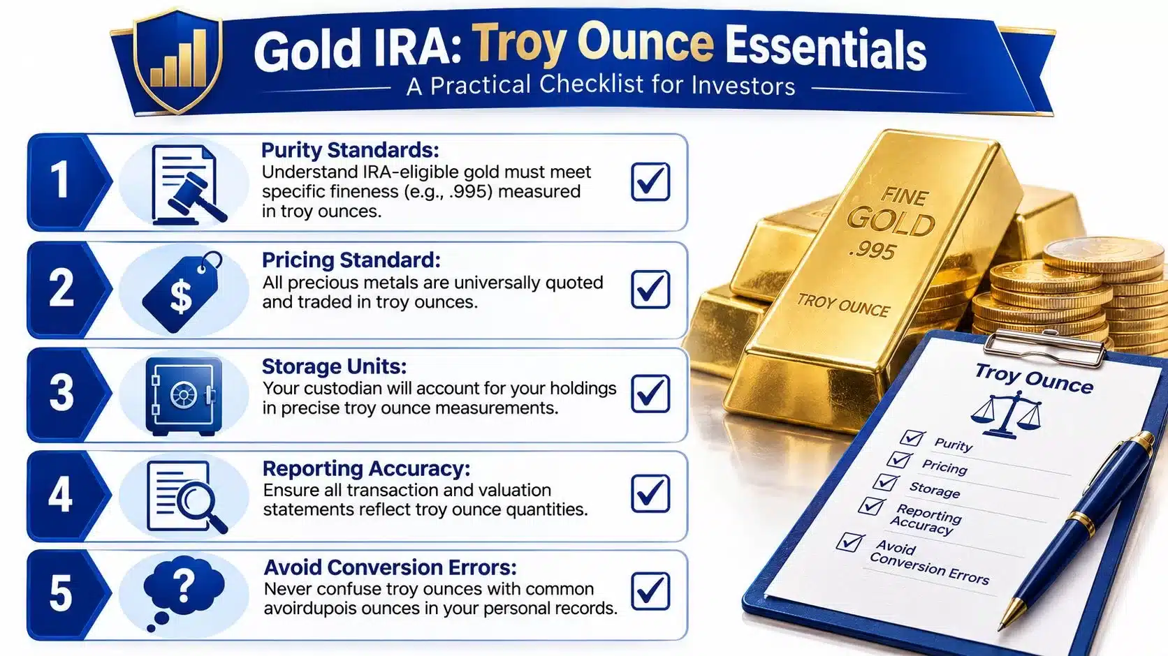 A checklist infographic detailing the importance of using troy ounces for gold IRA investments and transactions.