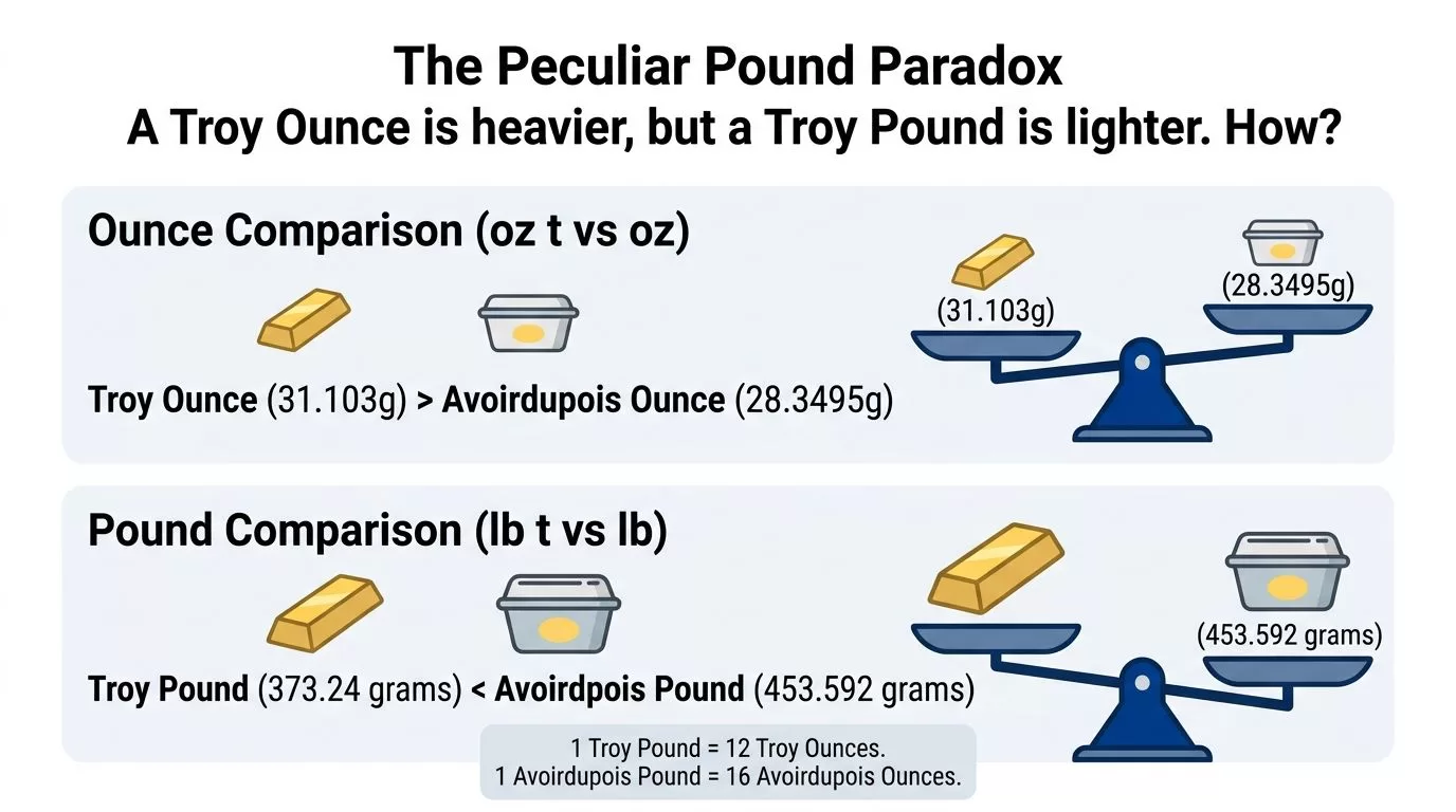 A diagram comparing troy ounces and avoirdupois ounces to explain why troy pounds are lighter than avoirdupois pounds.