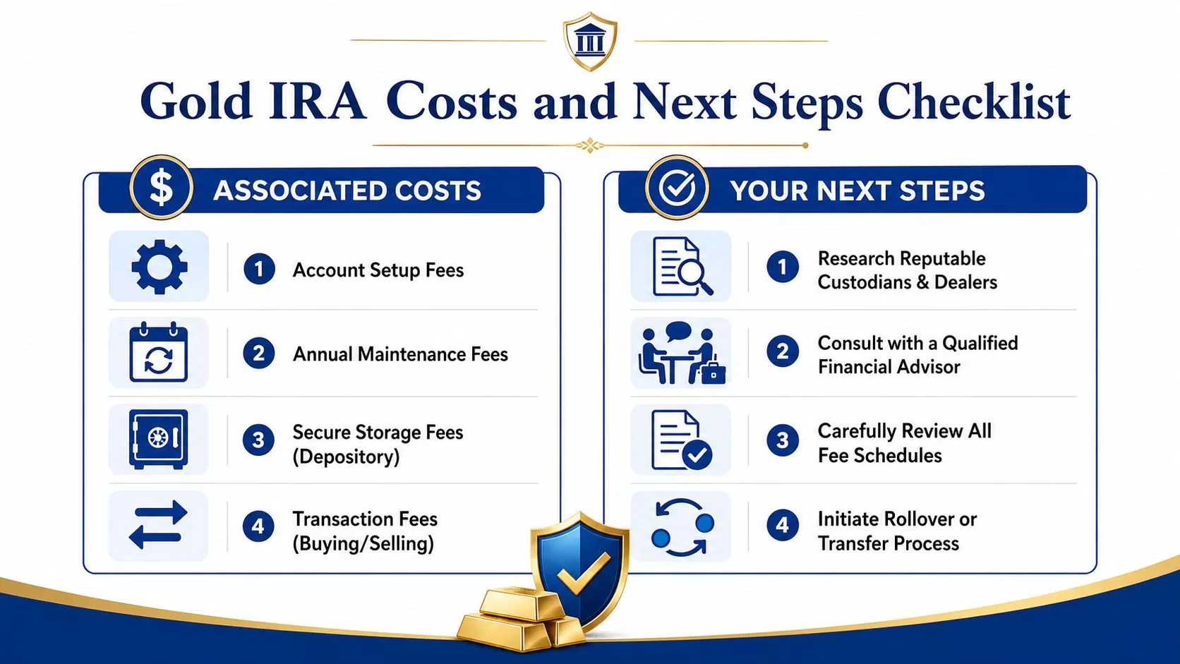 An infographic titled Gold IRA Costs and Next Steps Checklist detailing financial fees and required procedures.