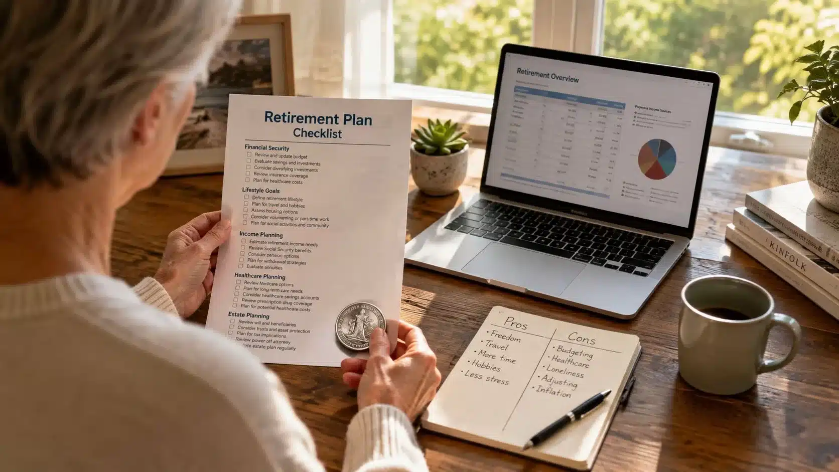 A person reviews a retirement plan checklist alongside a laptop showing financial charts and silver coins.