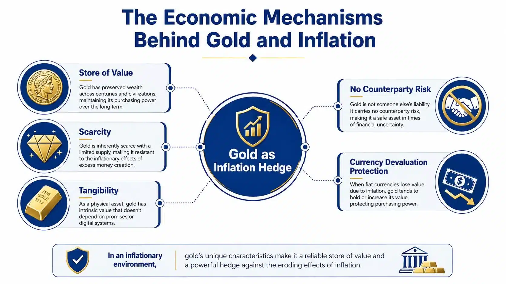 An infographic titled The Economic Mechanisms Behind Gold and Inflation showing how gold acts as an inflation hedge.