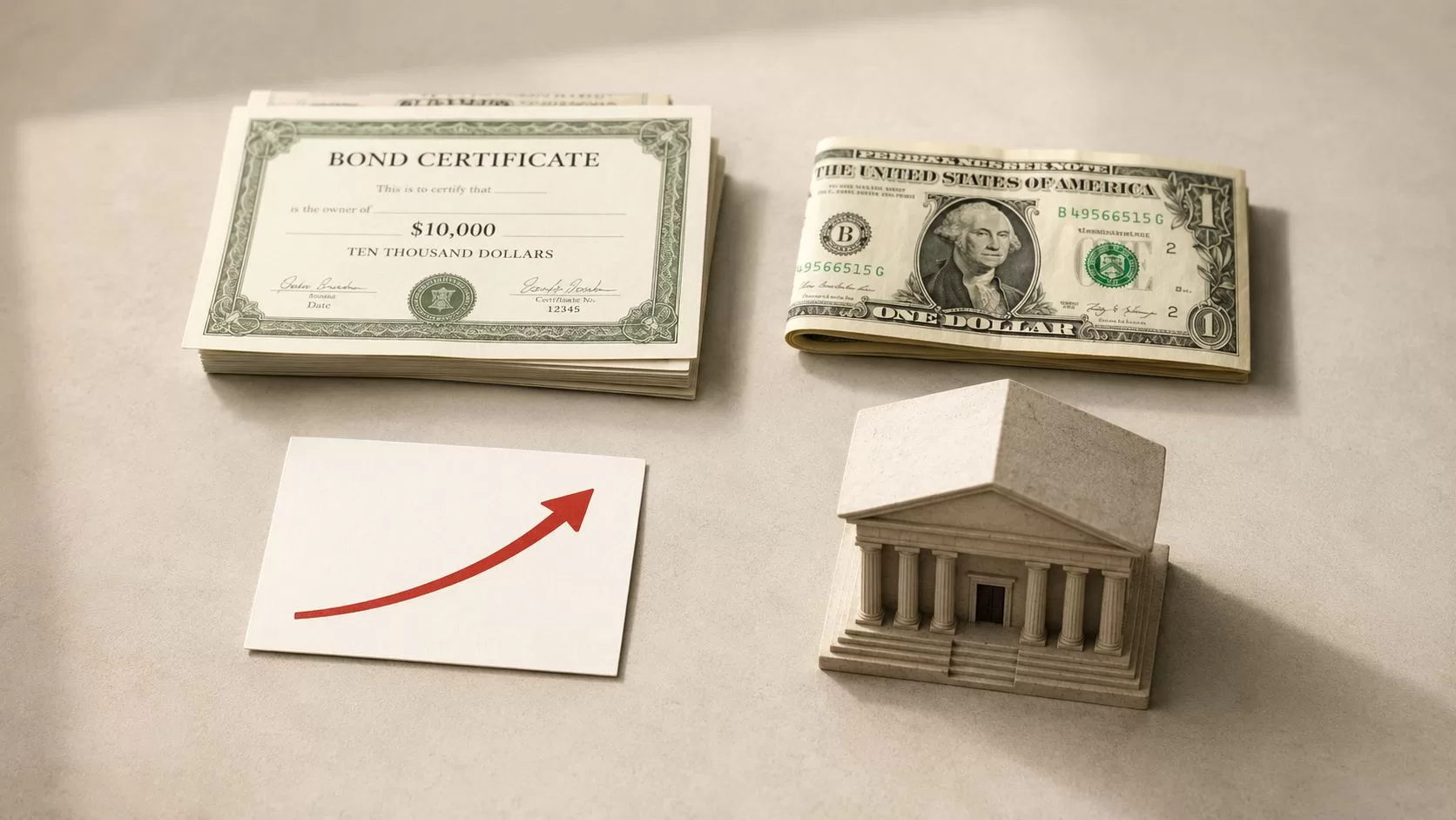 A conceptual illustration featuring a stack of bond certificates, currency, a growth trend arrow, and a bank building.