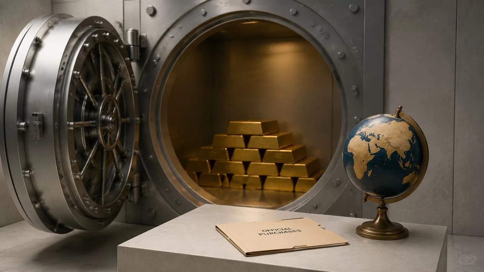 A vault filled with gold bars, a globe, and a folder labeled official purchases on a table.