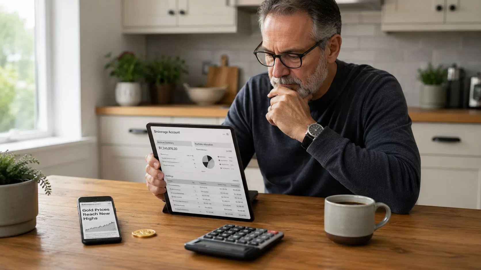 A middle-aged man reviewing his investment portfolio on a tablet while sitting at a wooden kitchen table.