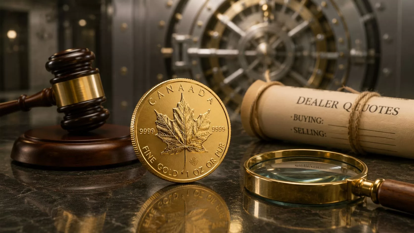 A Canadian gold maple leaf coin stands beside a wooden gavel, magnifying glass, and dealer quotes document.