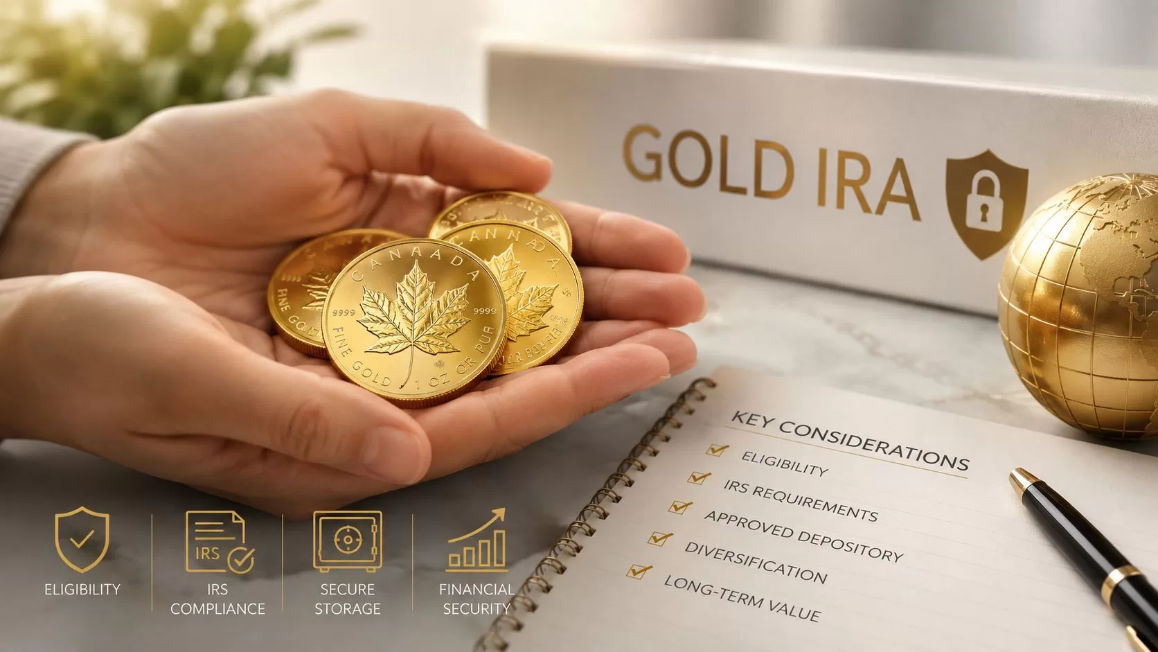 A person holding gold maple leaf coins with a Gold IRA information checklist and globe nearby.