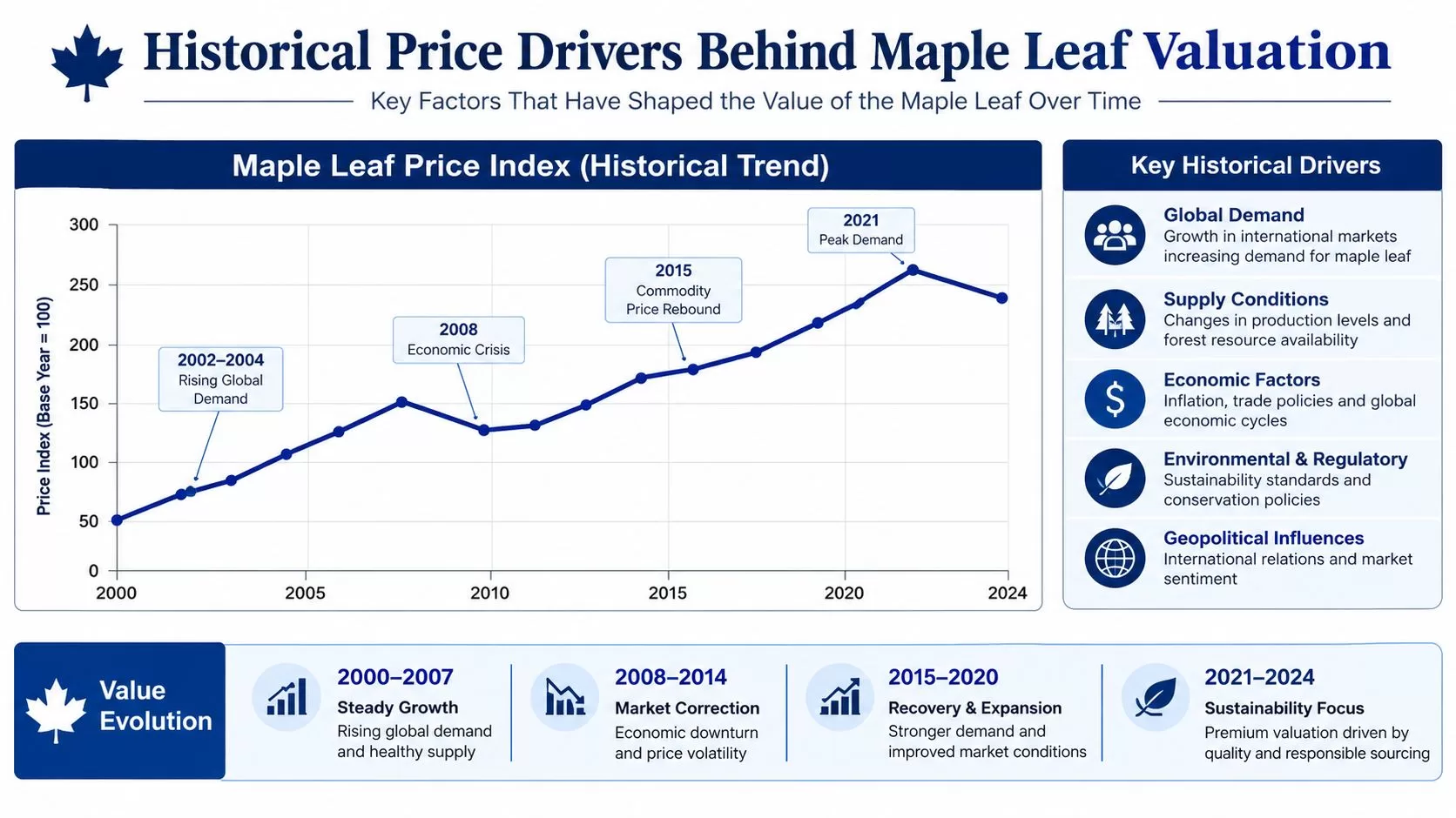 Line graph illustrating the historical price index trends and key valuation factors for maple leaf products.