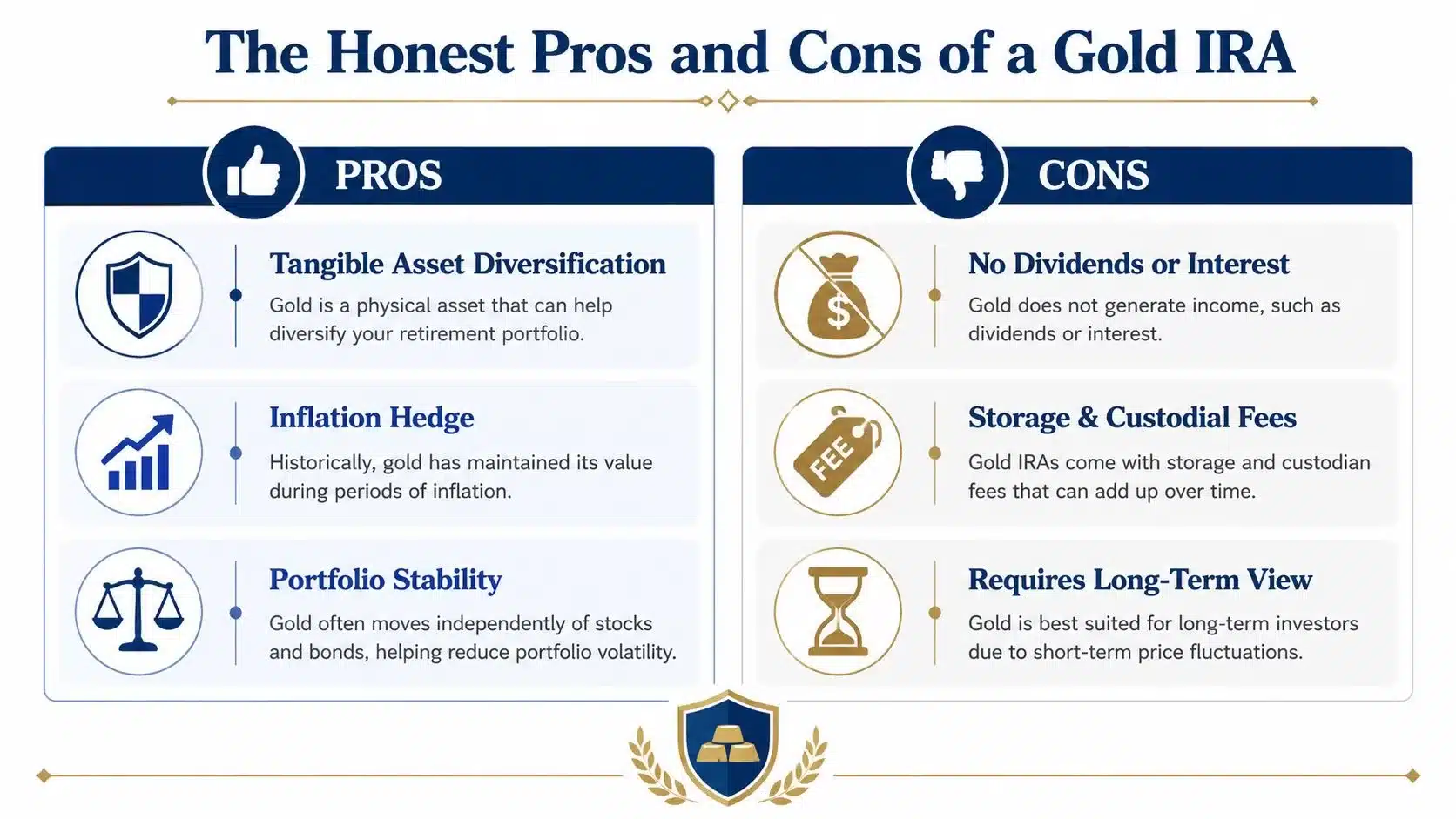 An infographic titled The Honest Pros and Cons of a Gold IRA explaining investment advantages and drawbacks.