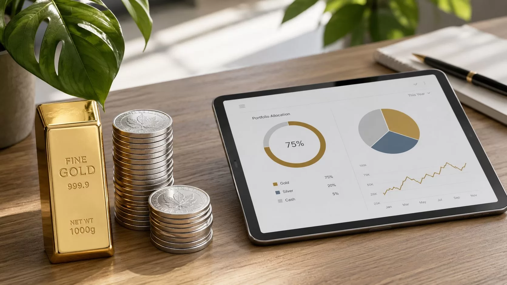 A gold bar, silver coins, and a tablet displaying portfolio investment charts on a wooden desk.