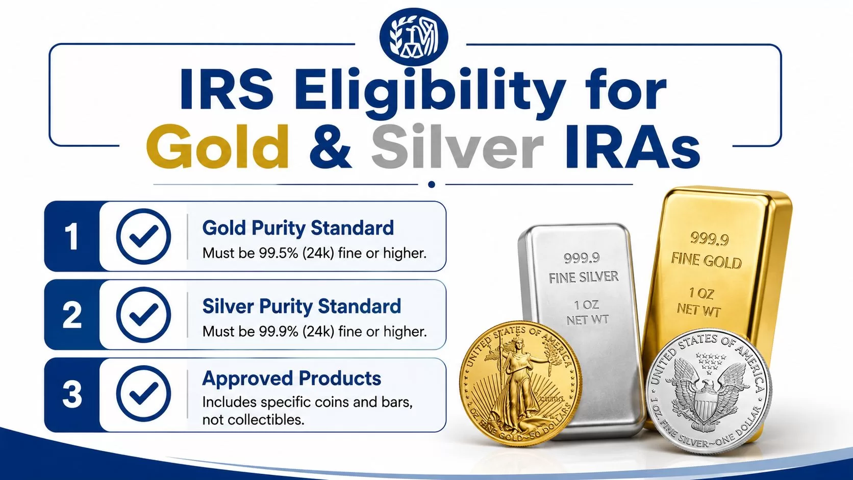 An infographic detailing IRS requirements for gold and silver IRA eligibility including purity and approved products.