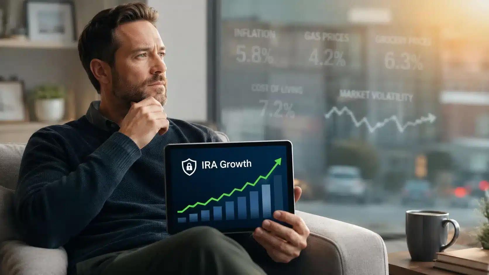 A man thoughtfully looking at a tablet displaying IRA growth charts while surrounded by economic inflation indicators.