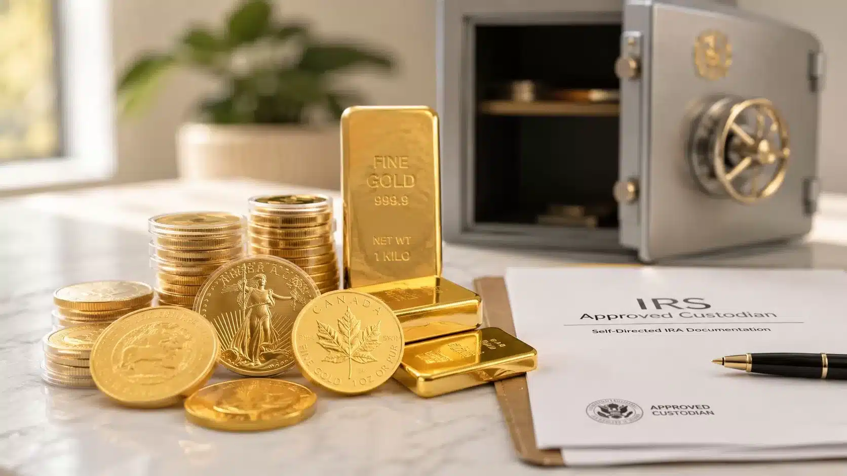 Gold bullion bars, collectible gold coins, and an IRS self-directed IRA custodian document on a desk.