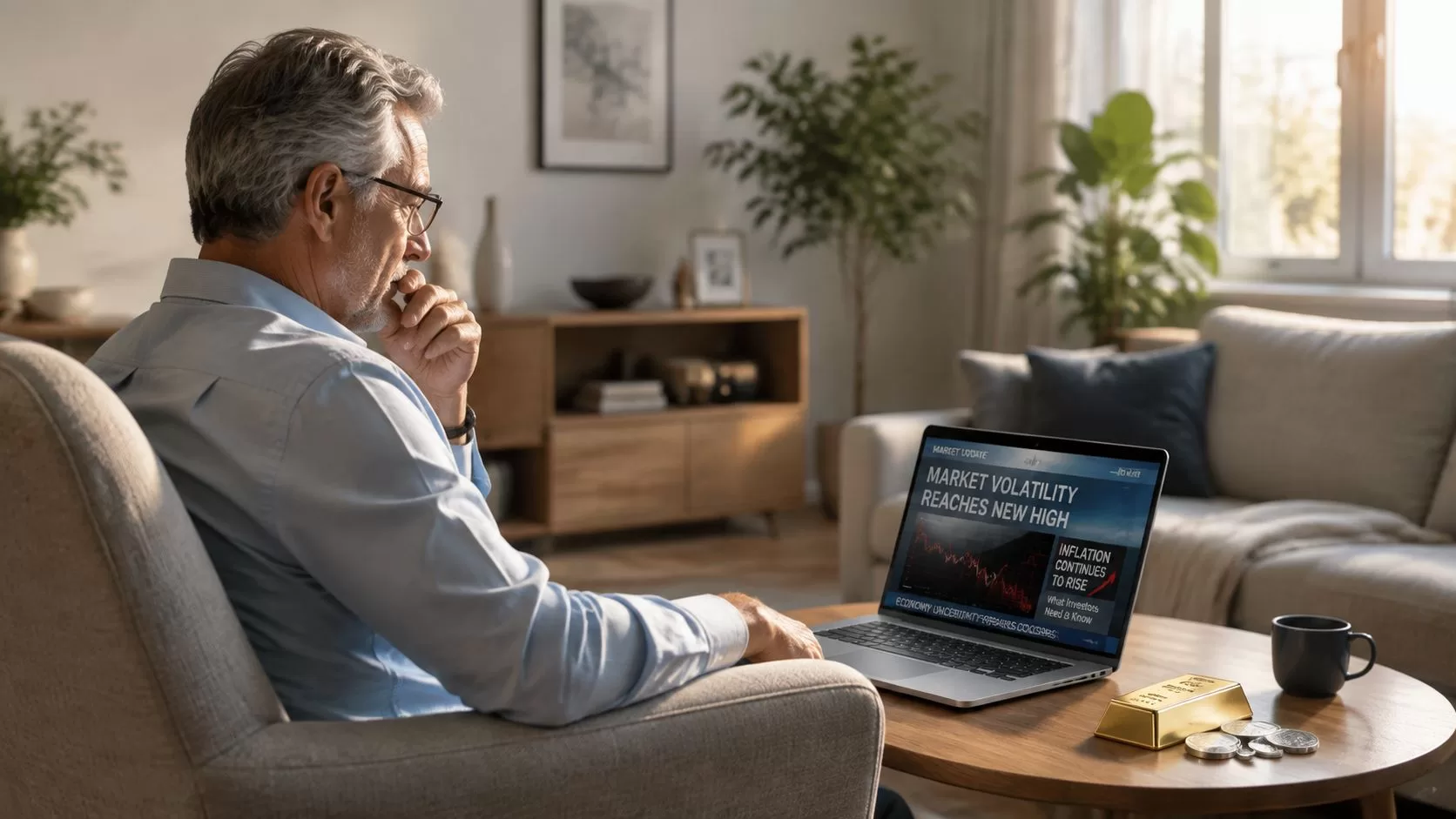 An older man sitting in a comfortable living room while looking at a laptop displaying financial news.