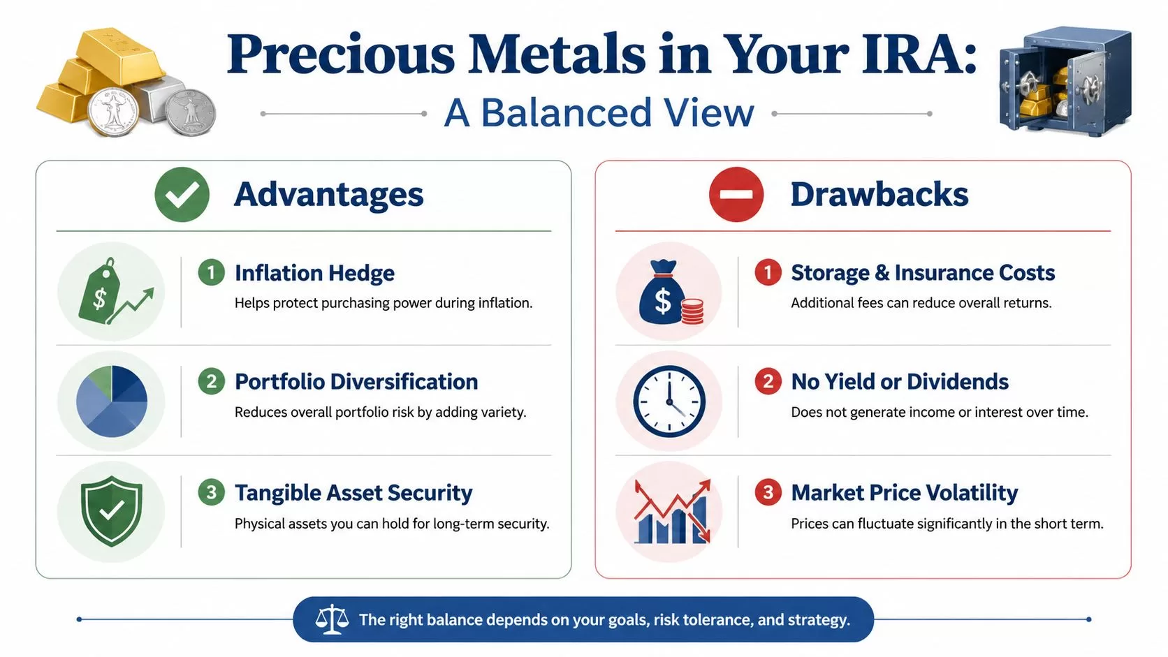 An infographic titled Precious Metals in Your IRA highlighting the pros and cons of investing in precious metals.