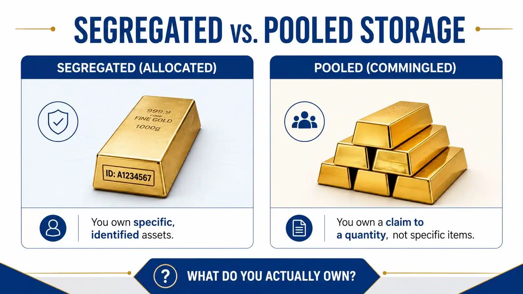A comparison infographic between segregated allocated gold storage and pooled commingled gold storage of precious metals.