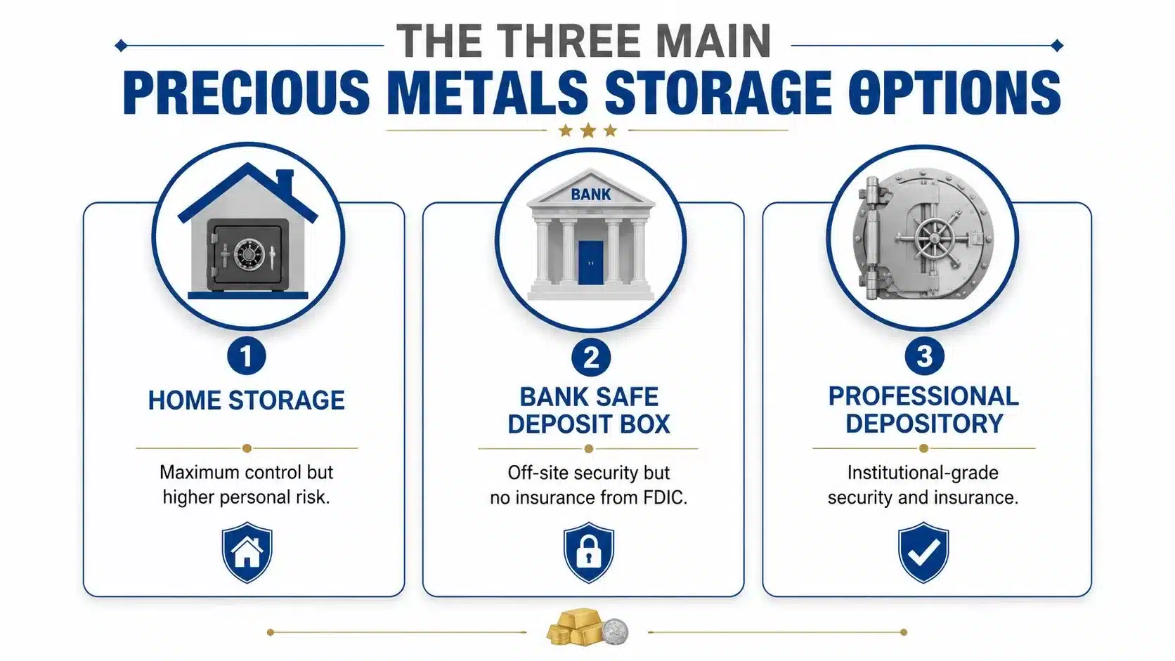 An infographic detailing three options for storing precious metals: home storage, bank safe deposit box, and professional depository.
