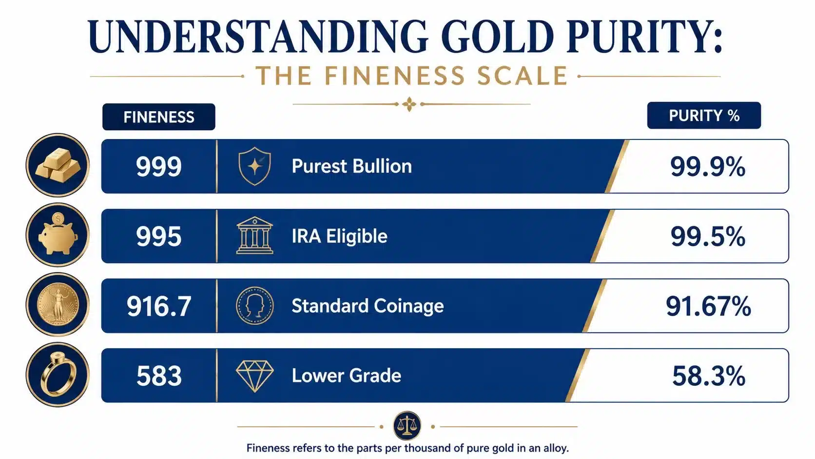 A chart illustrating gold purity levels using the fineness scale, comparing different grades from bullion to jewelry.