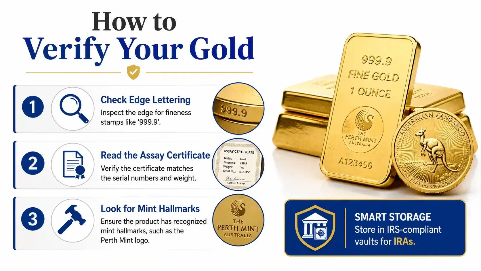 An infographic showing three essential steps to verify gold, including edge lettering, assay certificates, and mint hallmarks.
